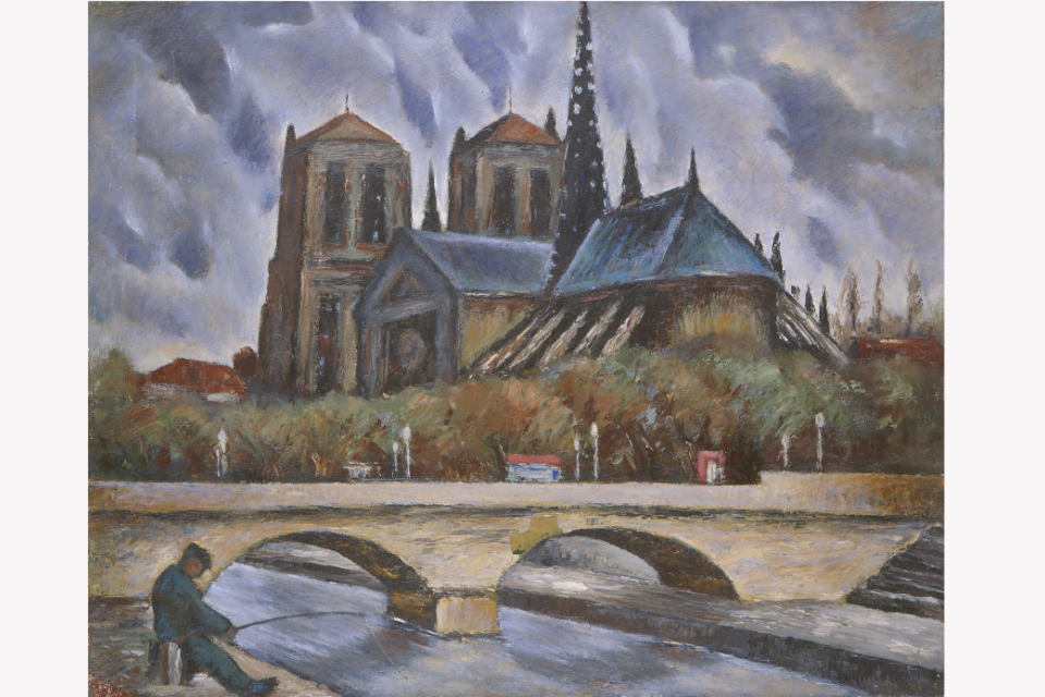 painting of notre dame with man fishing